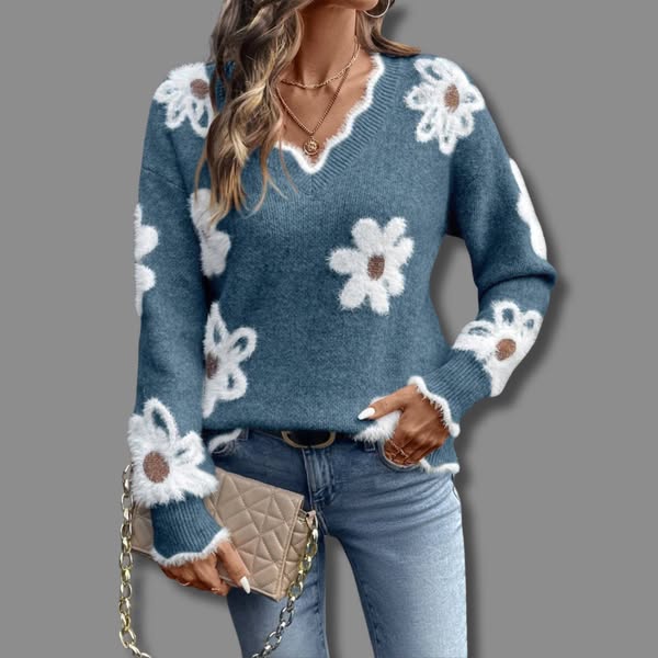 THEA | ELEGANT V-NECK FLORAL SWEATER