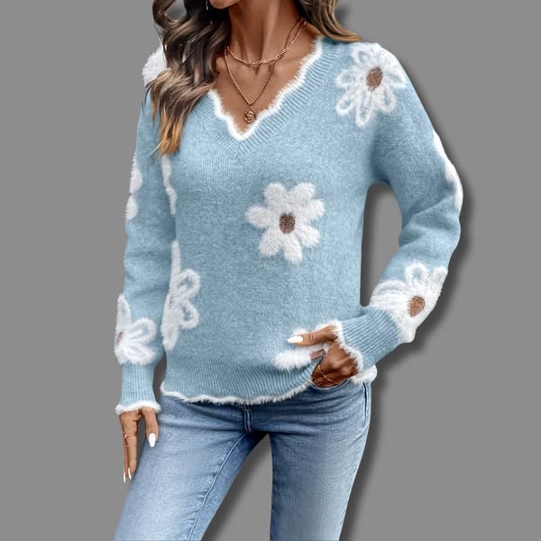 THEA | ELEGANT V-NECK FLORAL SWEATER