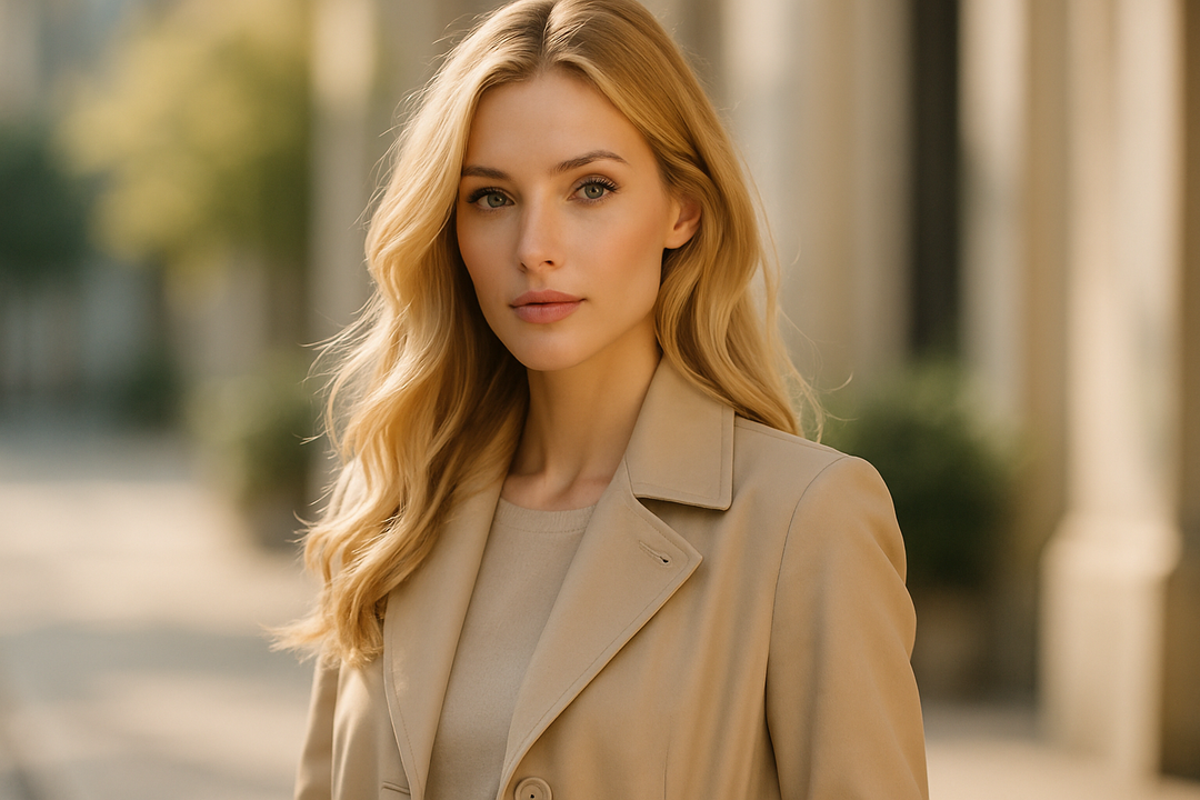 een hele knappe blonde vrouw met een lente jasje