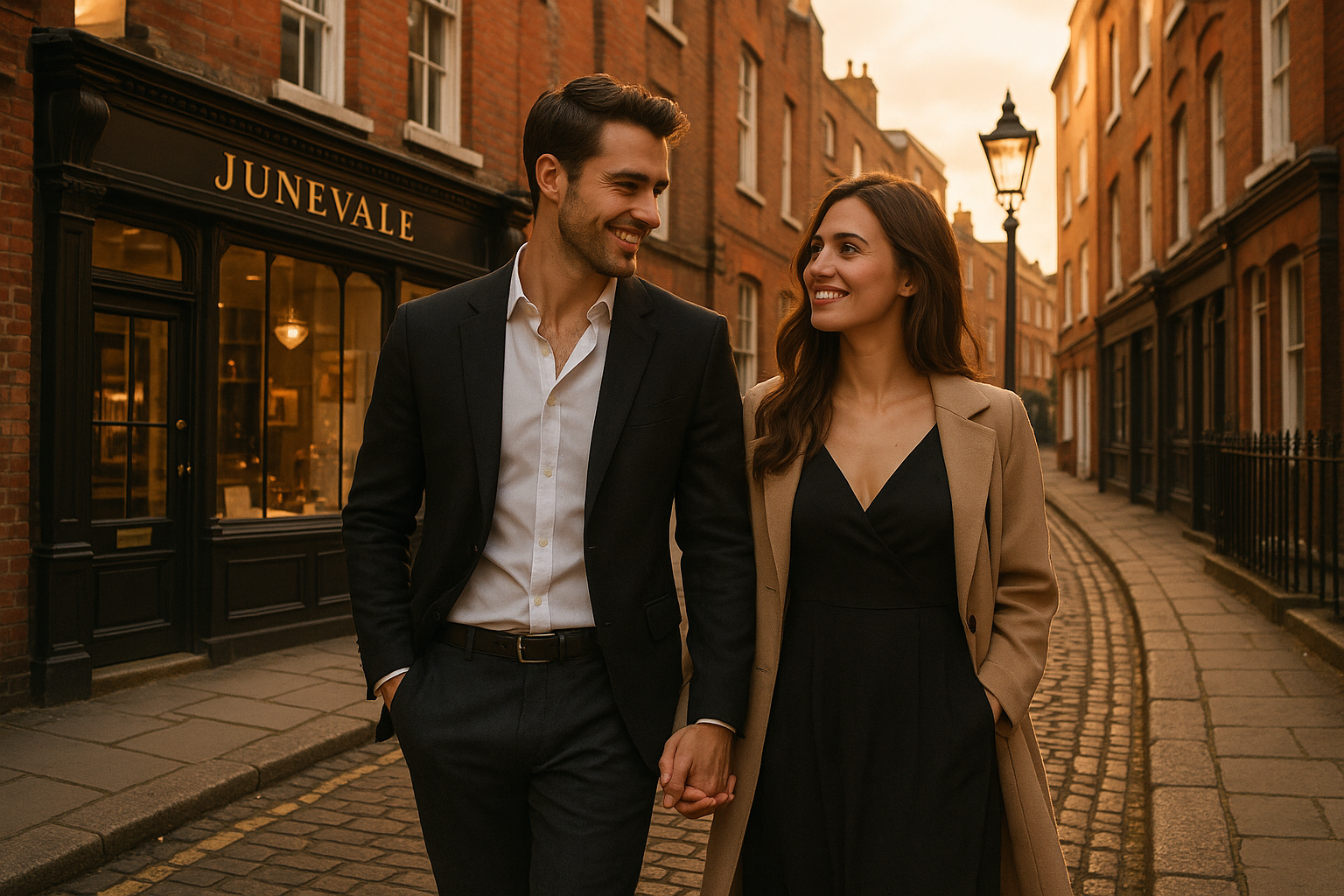 een knappe man en vrouw op date in de londonse straten met een junevale winkel op de achtergrond