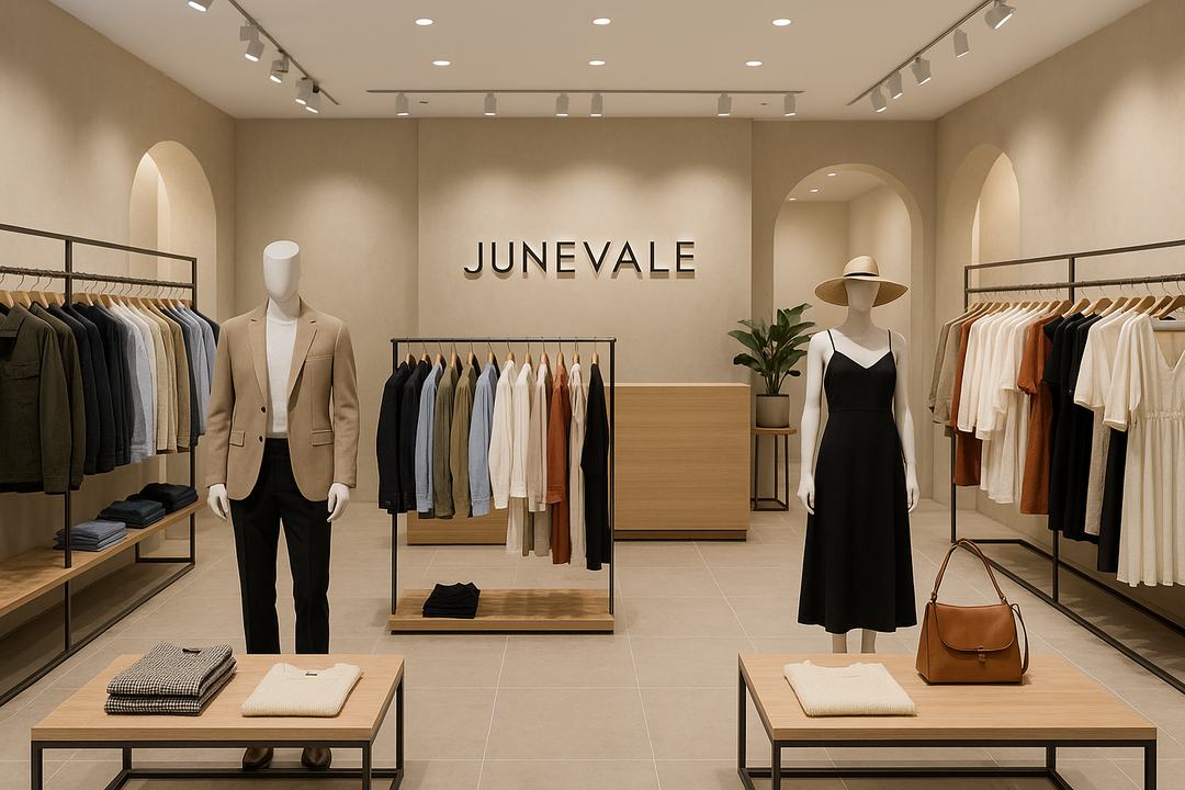een winkel van mannen en vrouwen fashion met winkel naam junevale