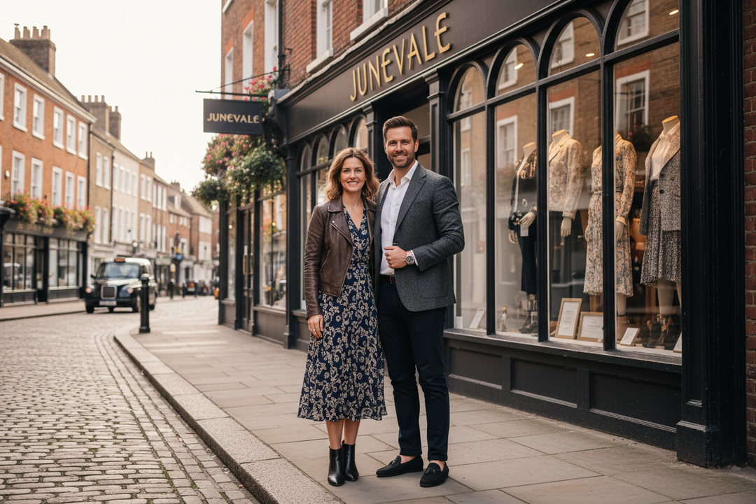 ik wil een koppel een man en een vrouw, super realistisch een man met een zakelijke uitstraling een eigenaar uitstraling en de vrouw ook maar wel nette maar ook wat losser niet te corporate. ik wil dat ze voor een winkel staan die junevale heet een fashion store in engelse winkelstraat het koppel moet knap zijn