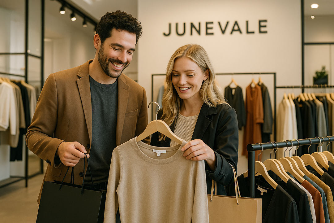 maak een foto van een man en blonde vrouw in een kledingwinkel genaamd junevale